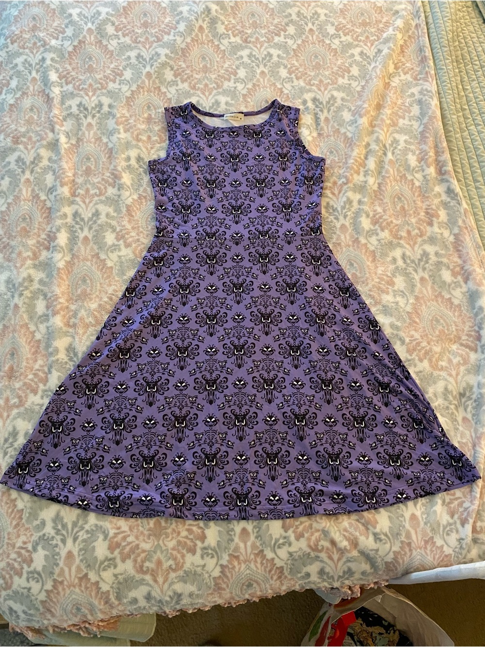 Sleeveless Purple Fit & Flare Midi Dress with Haunted Mansion Wallpaper Design